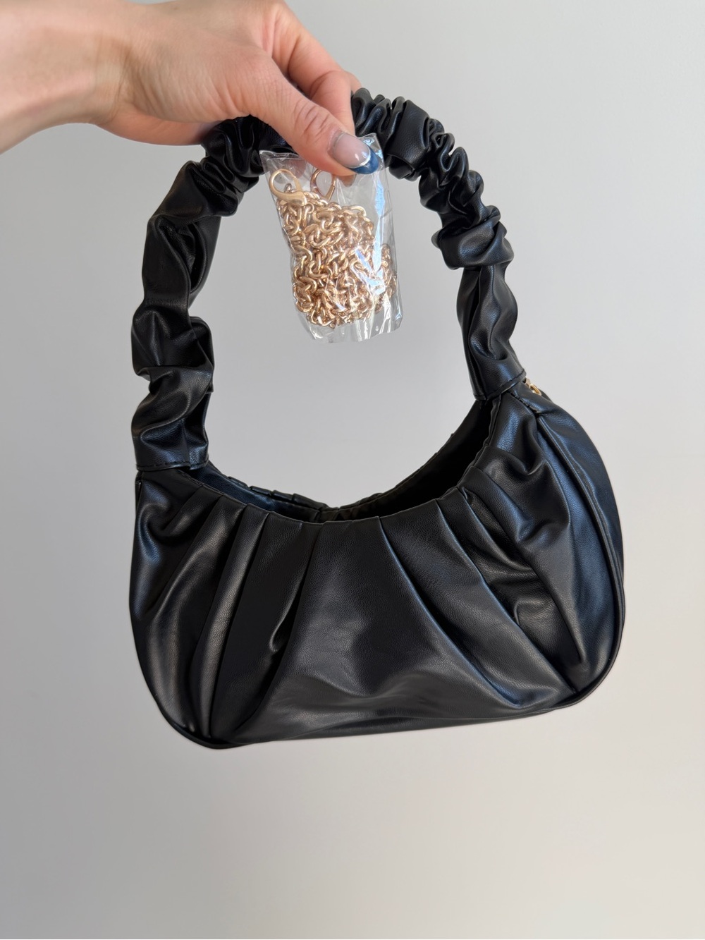 Black Ruched Handle Shoulder Bag with Gold Chain